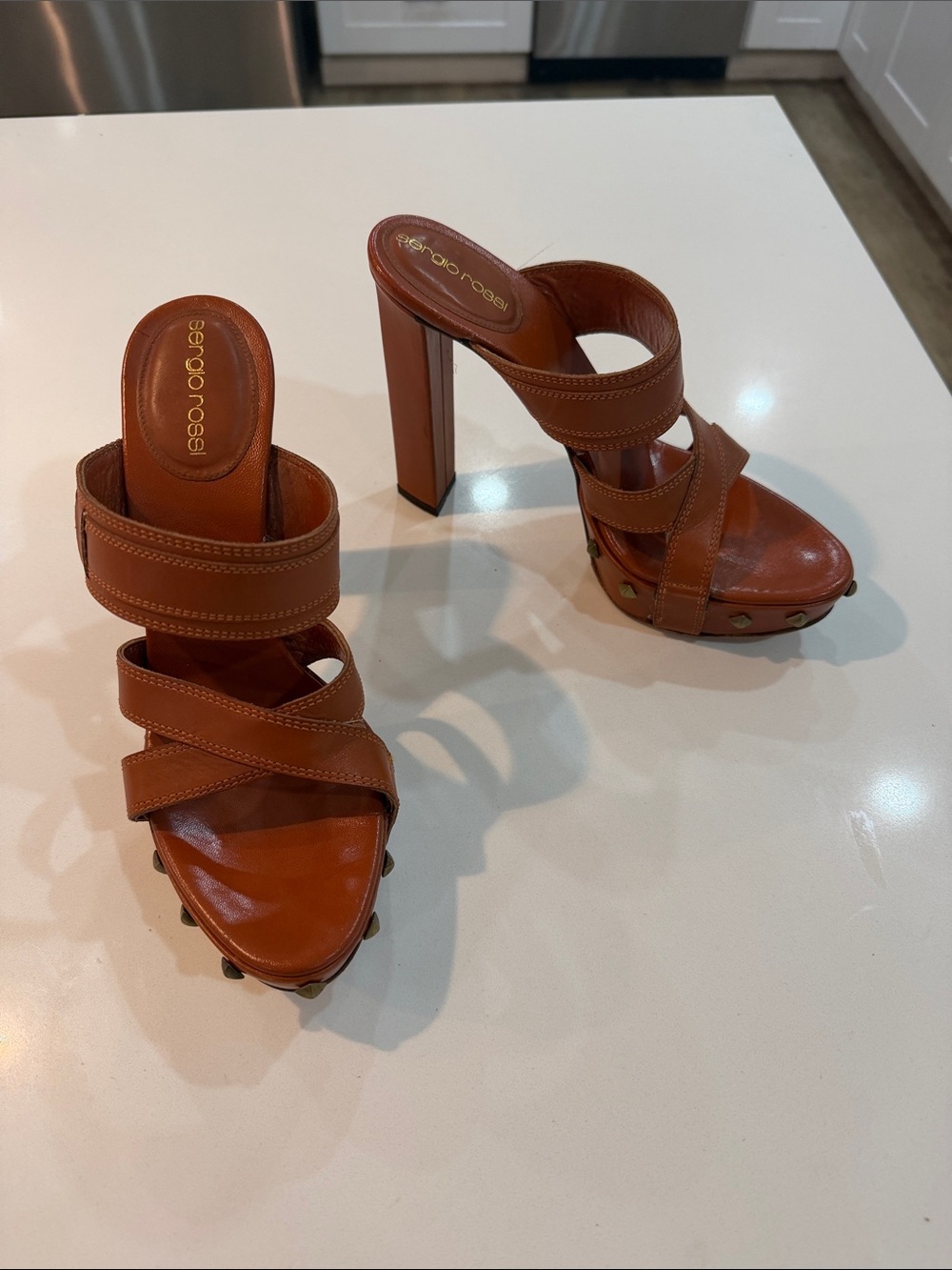 Sergio Rossi Cognac Leather Studded Platform Heel Sandals👠